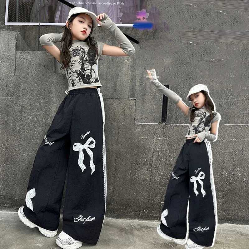 Girls printed bow pants big childrens spring fashion lace touch childrens loose casual pants autumn youth wide leg touch 5-14YT250318