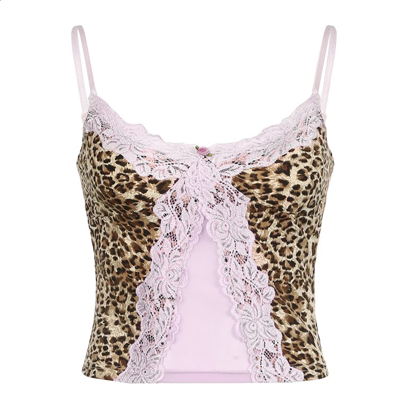BIKPIIK Sweet Lace Leopard Camisole Contrast Girls Tank Tops Fashion Casual Slim Fit Vests All match Y2K Summer Set 250319