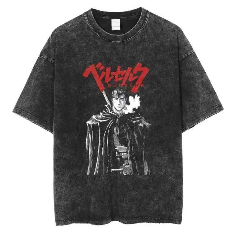 Washed Berserk Cotton Mens Vintage Japan Anime Oversize Shirts Streetwear Harajuku Summer Short Sleeve TShirt Loose Cotton TopsT250318