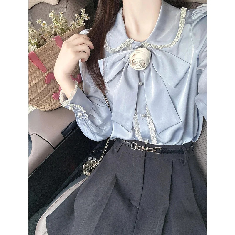 Vintage French Women Shirts Lace Lolita Elegant Long Sleeve Flounce Blouse High Quality Office Lady Fashion Chic Female Tops 250319