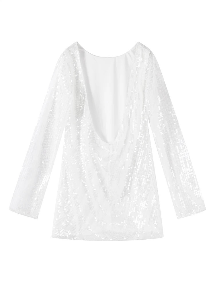 Elegant Backless Sequins Mini Dress For Women Sexy Long Sleeve O-neck Short Dress Lady Y2K Evening Party Chic Vestidos 250319