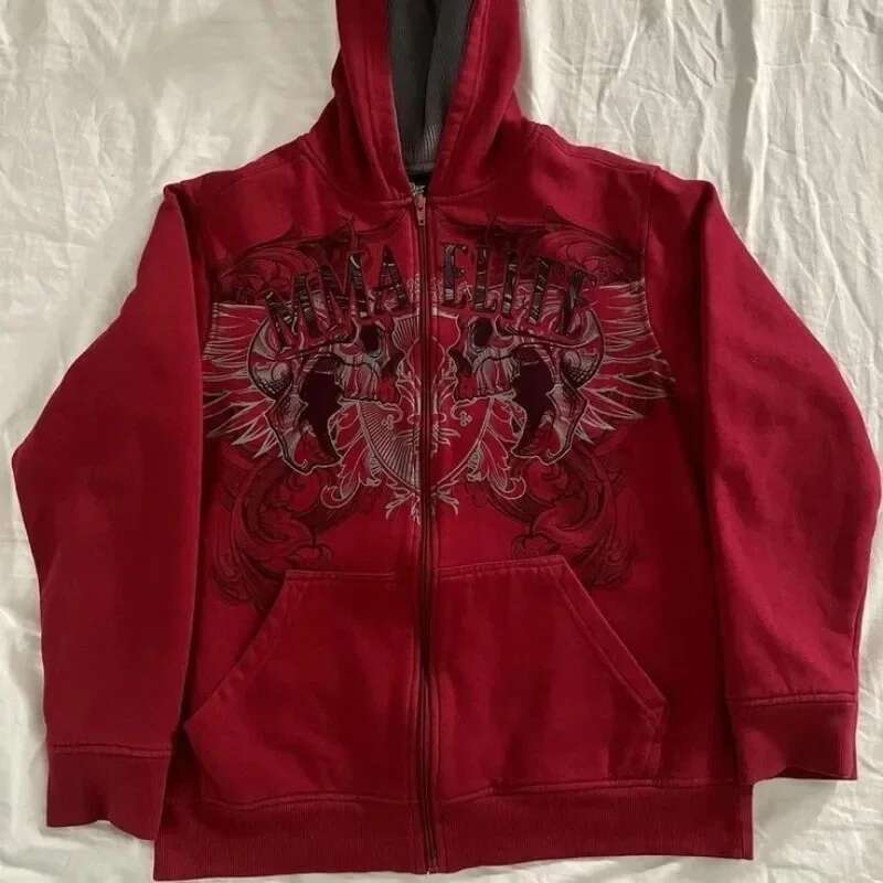 Retro American Men's Zipper Hoodie, Neutral Casual Sweatshirt, Y2K, MMA Elite, Small Size, Skull Wing Pattern, Street, Hip Hop, New Style, 2024
