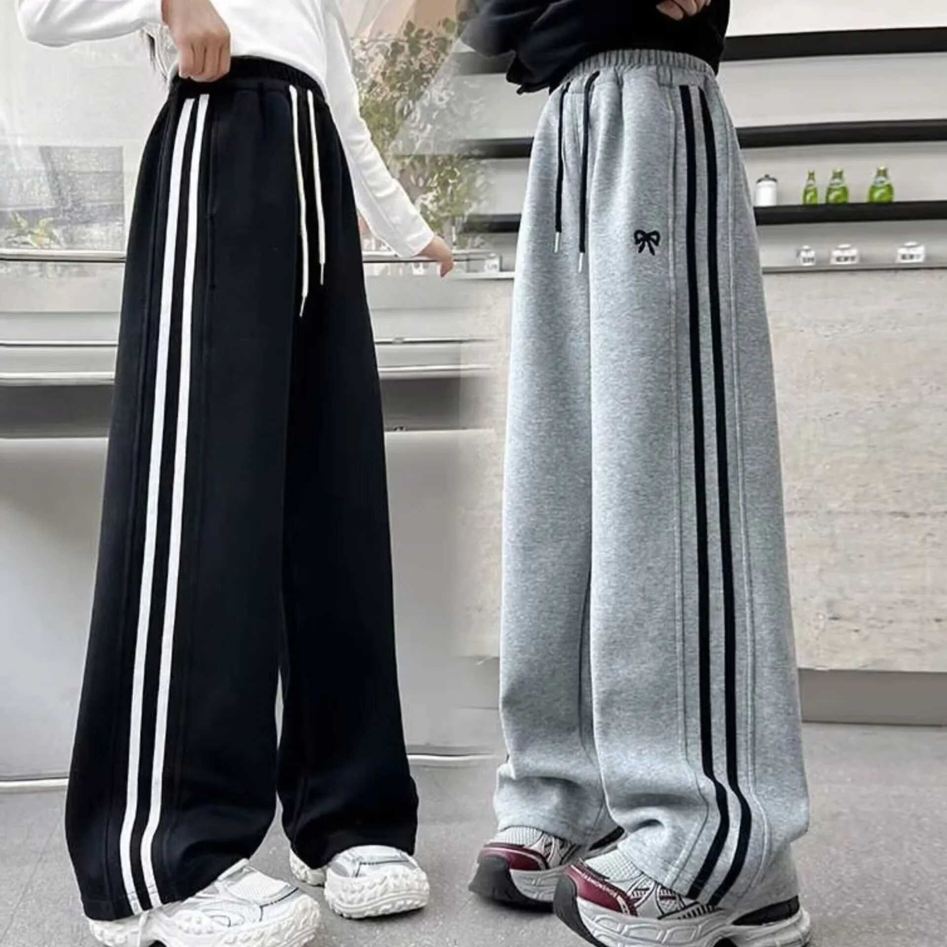 RAISE teenage girls sports pants spring bow elastic Wiast baby girls sports pants side stripes pure cotton Striaght pants 4-14Y girlsT250318