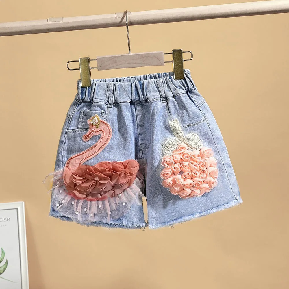 Baby Girls Summer Cotton Denim Shorts Pants Toddler Kids Cute Swan Flower Soft Jeans for Teenager Girls Children Clothing 250319
