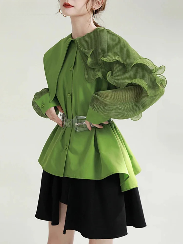 Women Green Pleated Belted Big Size Blouse New Lapel Long Sleeve Loose Fit Shirt Fashion Tide Spring Autumn 2025 1De3661