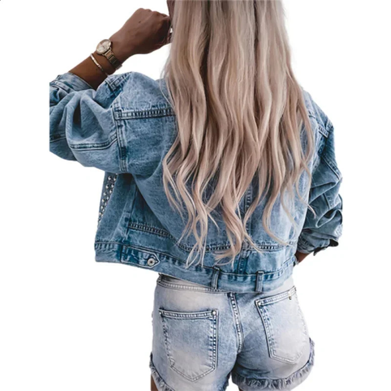 Fashion rivet decoration short jacket womens large pocket splicing work casual single breasted open top denim 250319