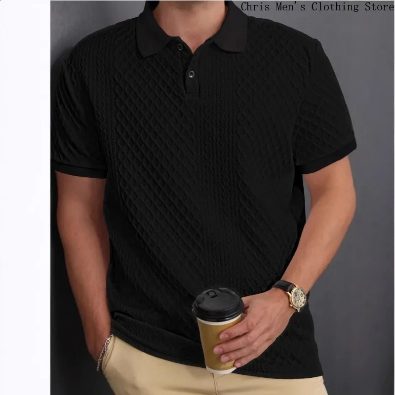 Mens golf jacquard lapel polo shirt solid color business mens polo shirt casual office mens clothing 250317