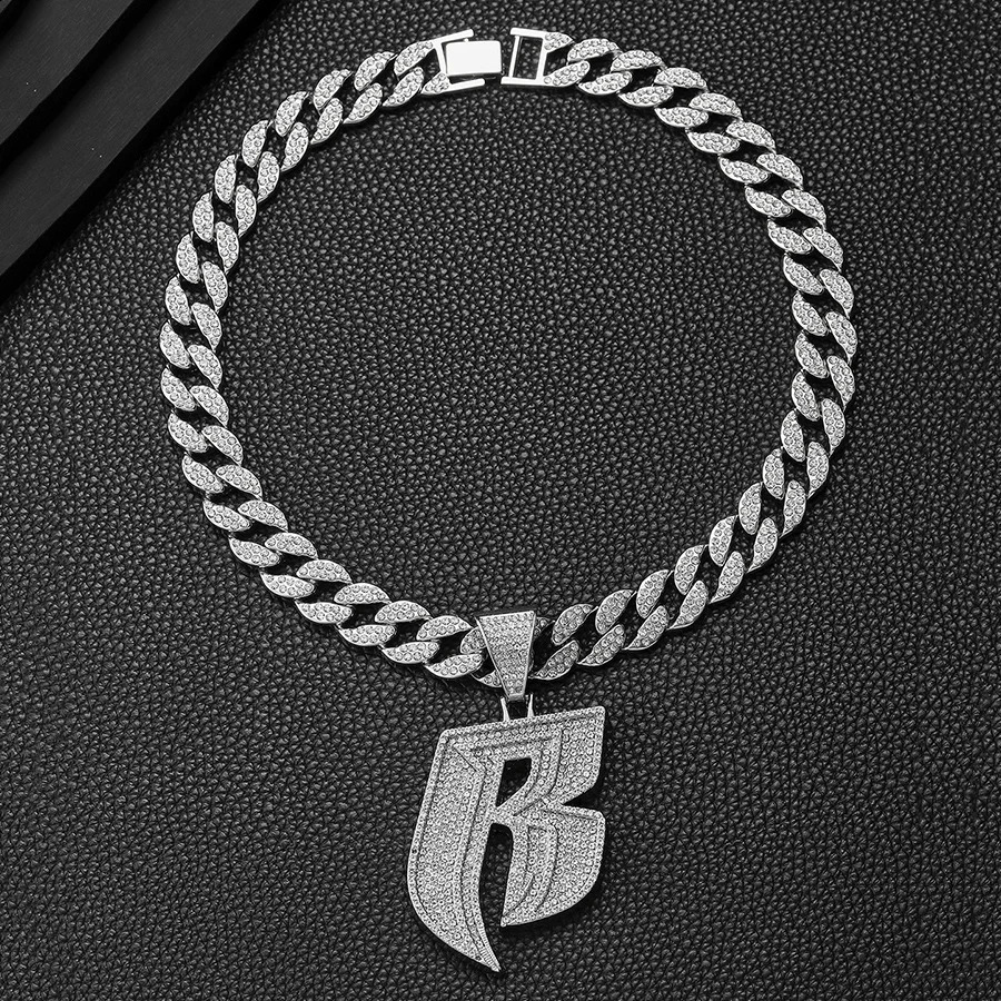15MM Iced out miami chain with Alloy and bling rhinestone punk B letter pendant necklace 250313
