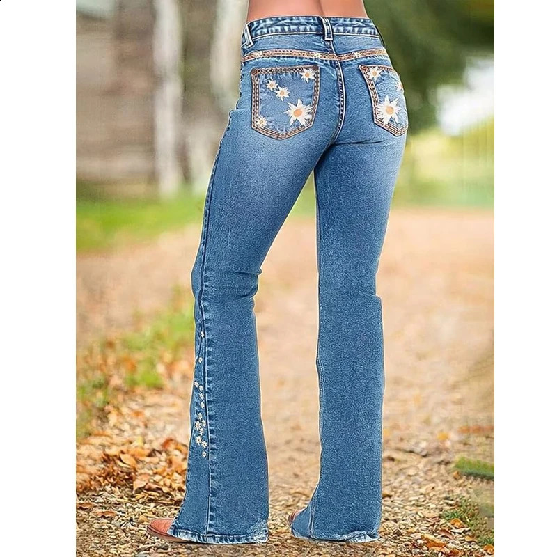 Distressed Daisy ed Flared Jeans Button fly with Split Hem Retro Elegant Stretch Slimming Womens Pants 250317