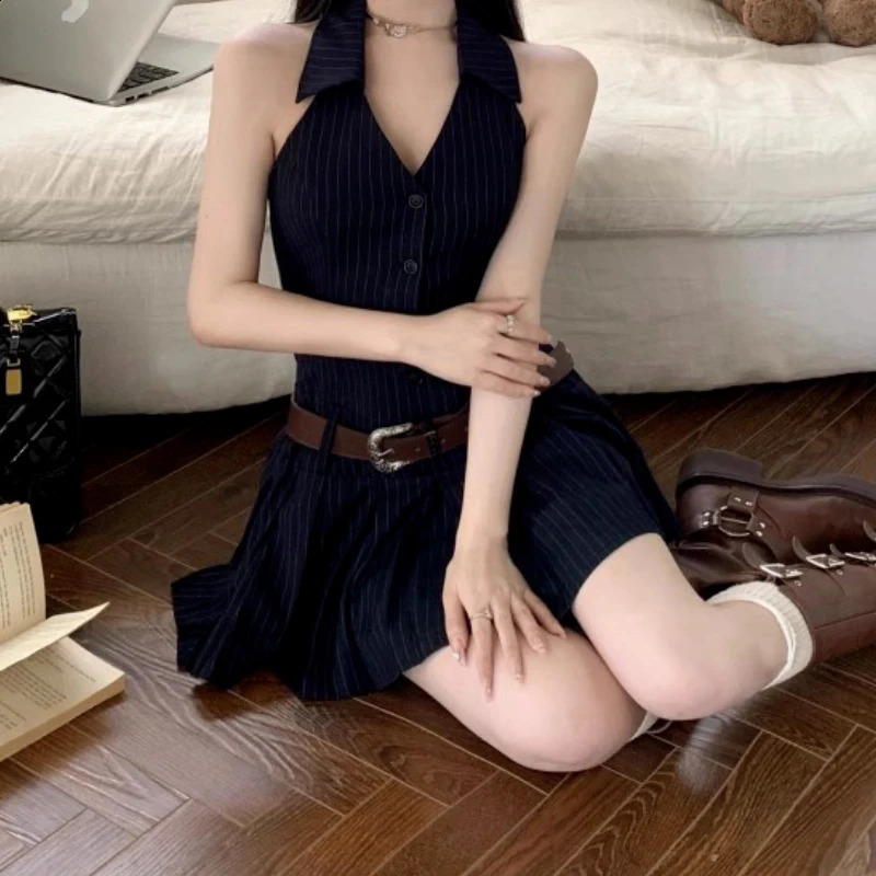 HOUZHOU Striped Mini Women Pleated Dresses Sexy Backless Chic One Piece Short Dress Sleeveless Streetwear Y2k sweet Dress 250319