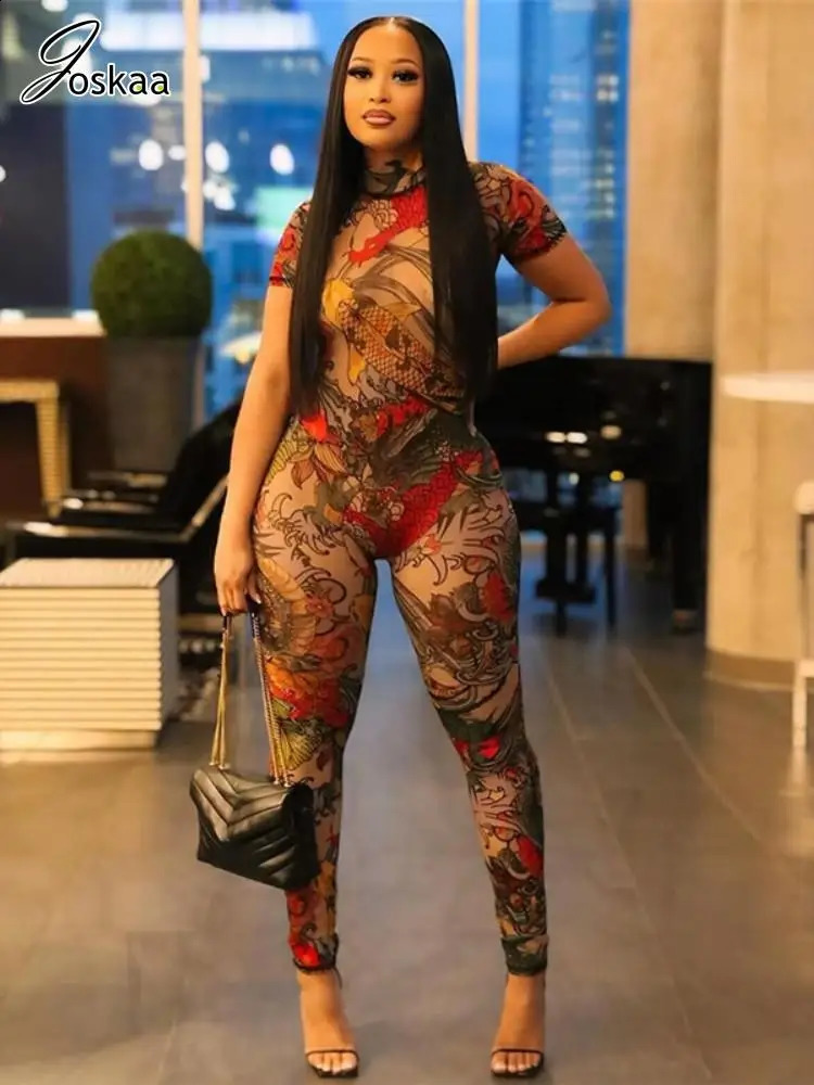 Joskaa Printed Mesh See Through Jumpsuit Women Short Sleeve Backless Skinny One Piece Rompers Summer Y2K Vintage Fitness 250319
