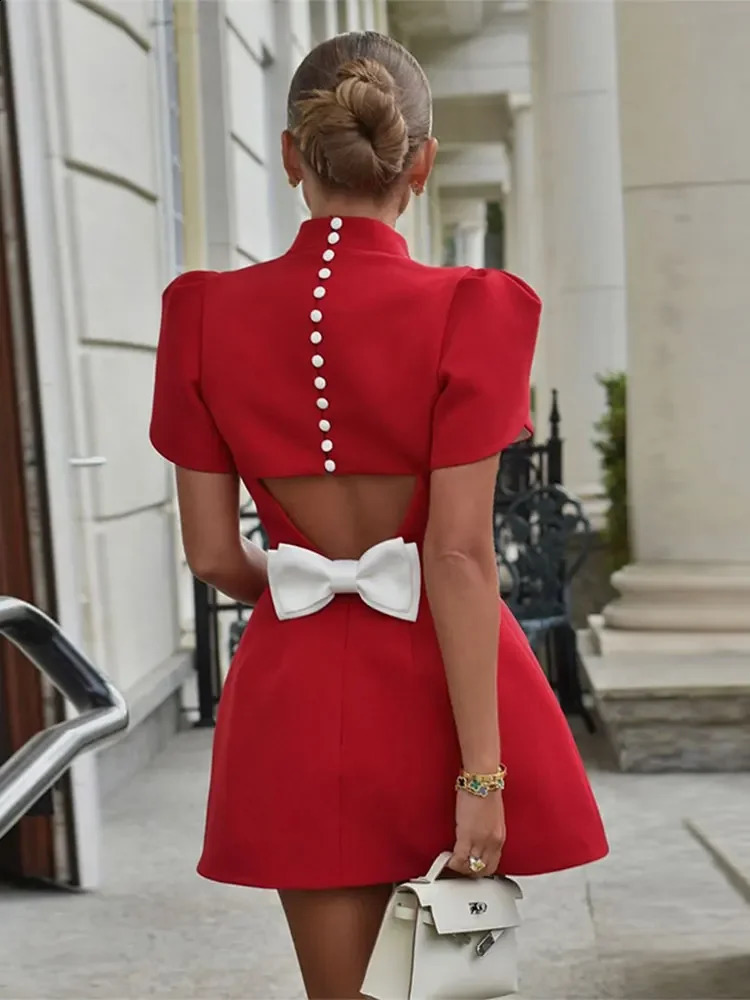 Fashionable standing collar short sleeved Aline dress elegant womens solid backless 3D bow mini fashionable party club 250319