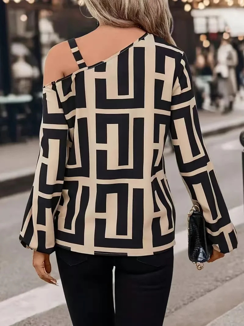 Elegant Geometric Printed Womens Shirt Spring 2025 Product Diagonal Neck Shoulder Long Sleeve Hoodie Casual for Women 250319