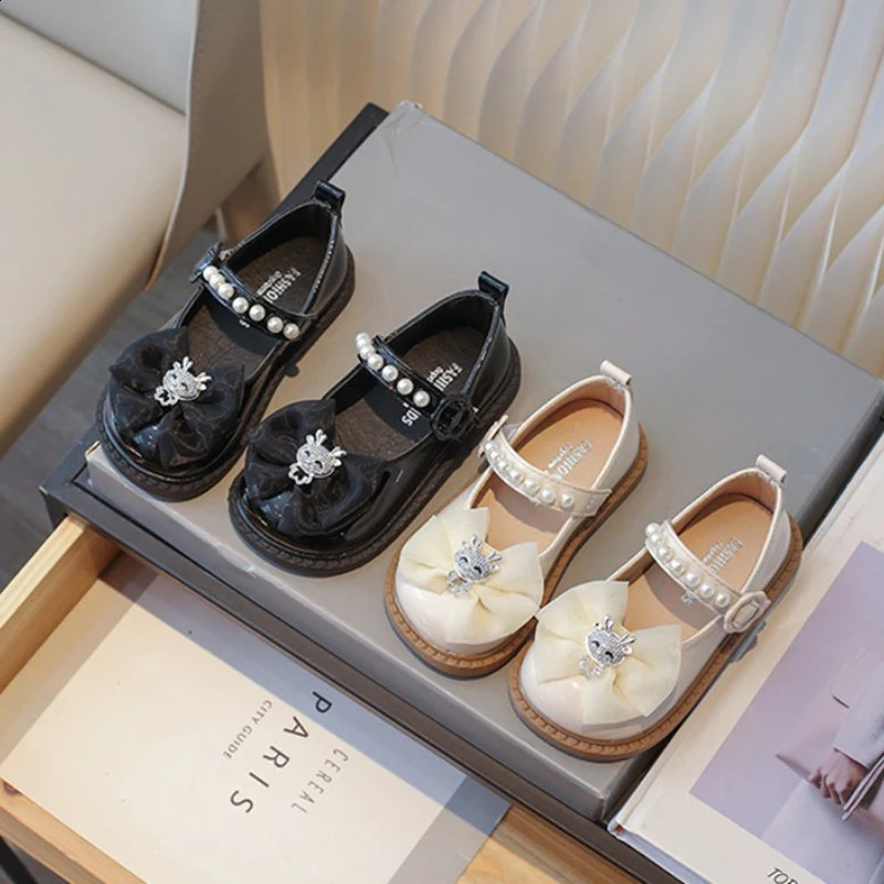 Girls Leather Shoes for School Party Wedding Princess Kids Black Loafers Nonslip Children Flats With Bowknot Pearls Beading 250319