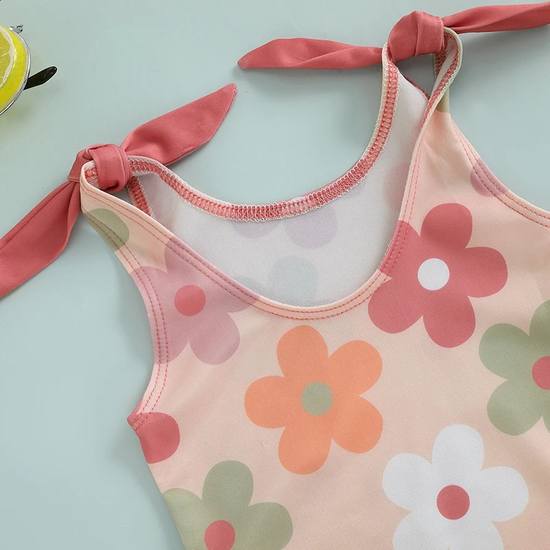 1-6T Toddler Girl Rash Guard Swimsuit Floral/Bowknot Print Sleeveless Tie Up Bathing Suit Beach Holiday Swimwear 250319