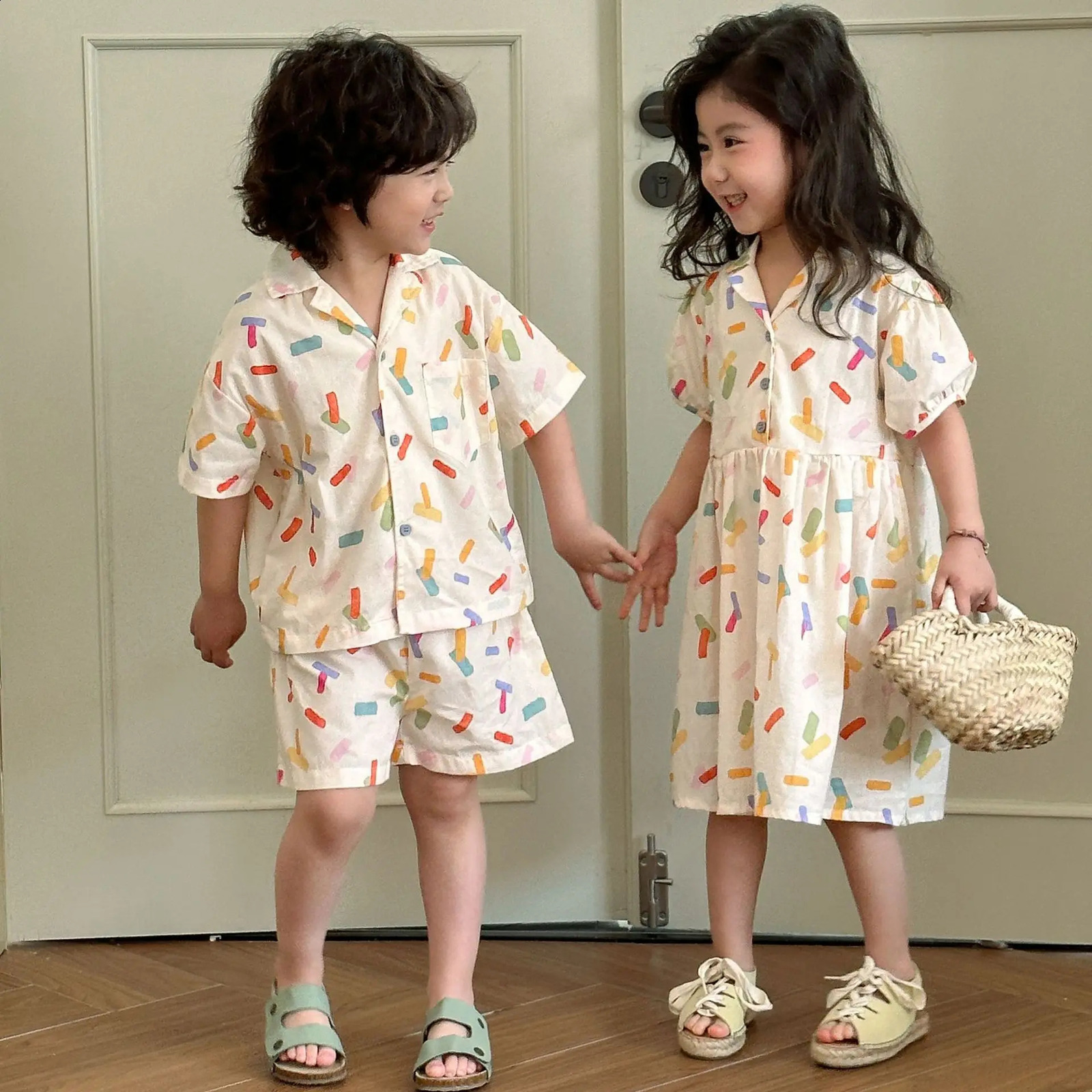 2025 Sibling Matching Summer Sets Fun Prints Cotton Outfits For Kids Boys Girls Short Sleeve Dress Clothing Suit Trendy 250319