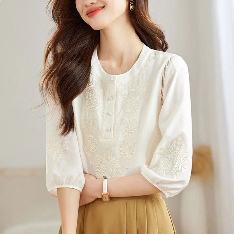 Spring 2025 Oneck womens shirt Chinese style embroidered chiffon top Camisas De Mujer Blusas Para N395 250312