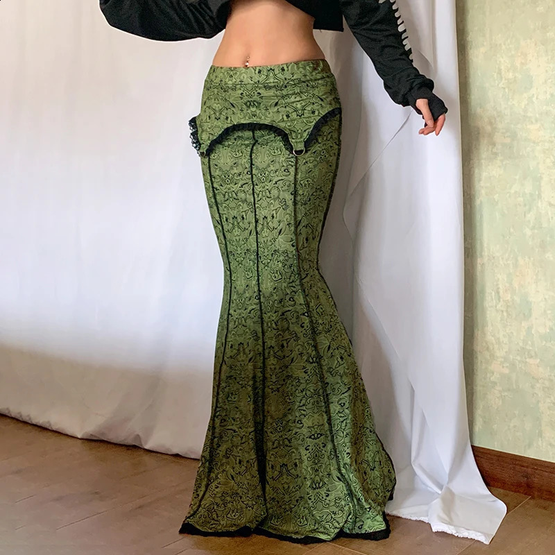 Darlingaga Vintage Fashion Elegant Green Trumpet Long Skirt Graphic Printed Lace Trim Y2K High Waist Skirt Women 2000s Aesthetic 250313