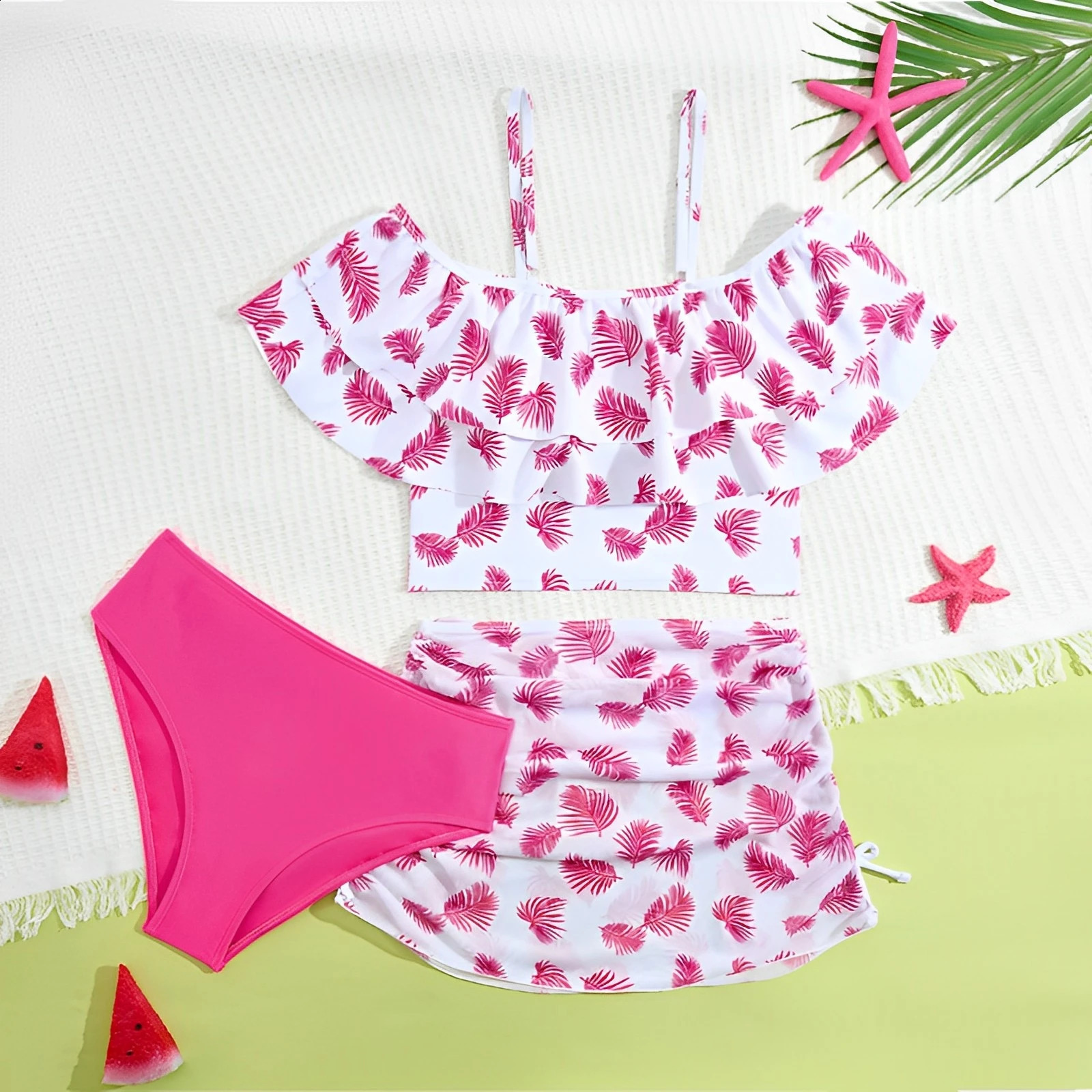 3 Pieces Ruffle Bikini 2025 Girls Swimsuit High Waist Kids Swimwear Female Beach Skirt Children Swimming Bathing Swim Suit 250319