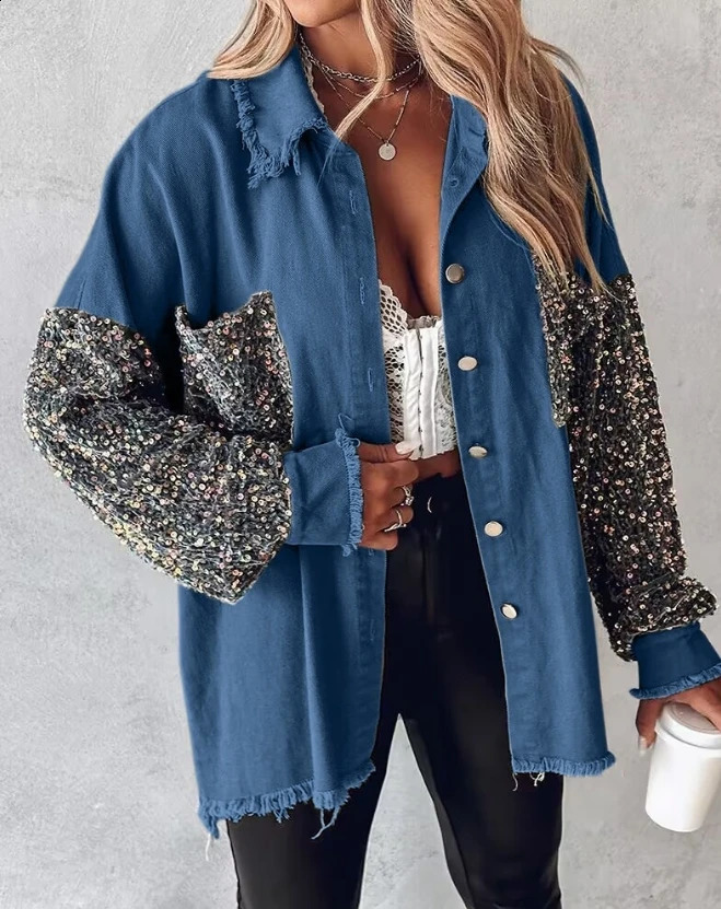 Young womens jacket for spring and summer latest lapel long sleeved contrasting sequin original hem jacket colorful lock top jacket 250317