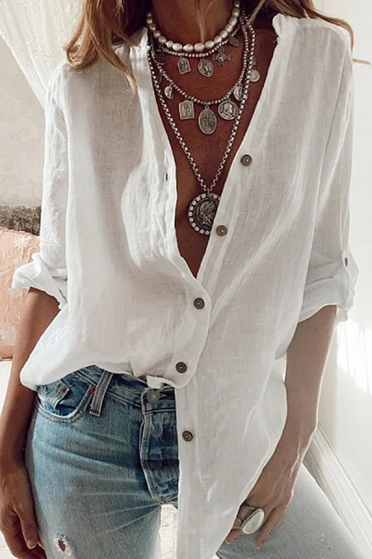 Womens Spring and Autumn Cotton Collar Sleeve Loose Vneck Long Casual White Shirt S3XL 250319