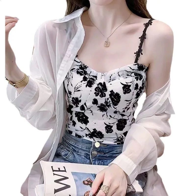 Womens Sweet Elastic Camis Underwear Pads Bra Italian Noodles Cute Crop Top Printed Tank Summer 2025 Sweetheart Rose 250319