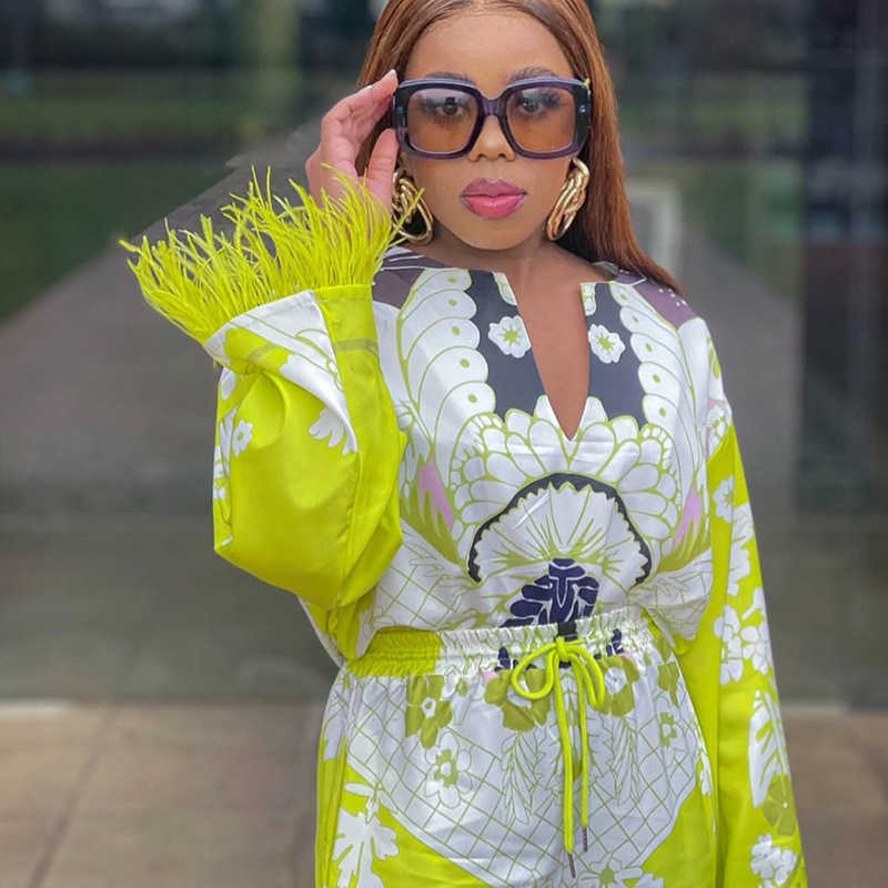 Women's clothing set positioning: floral feather long sleeved shirt, new style long pants, fashionable and casual two-piece set for women 250315