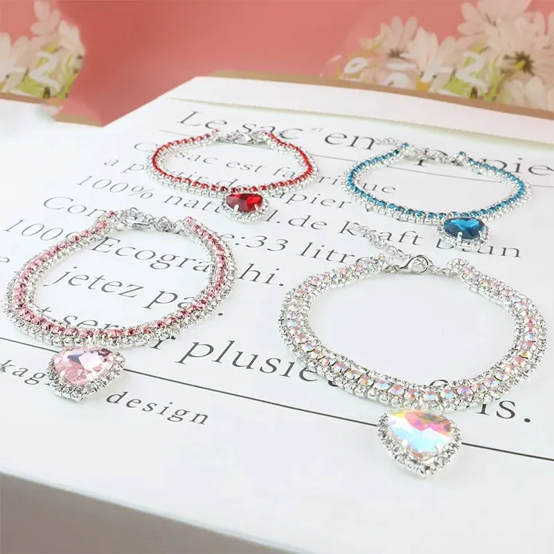 Dog Shiny Rhinestone Collar Cat Heart Diamond Jewelry Necklace Pet Bling Princess Collar Puppy Supplies Chihuahua