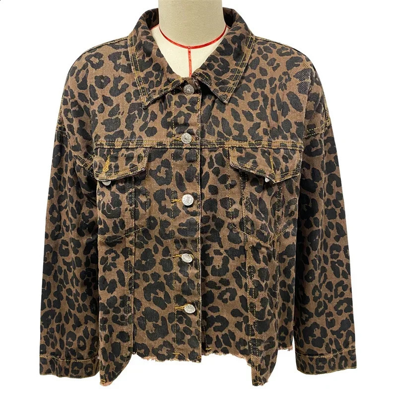 Fashion Leopard Print Tassel Hem Jacket Women Casual Outerwear Female Spring Autumn Lapel Single-breasted Cardigan Denim Coat 24 250317