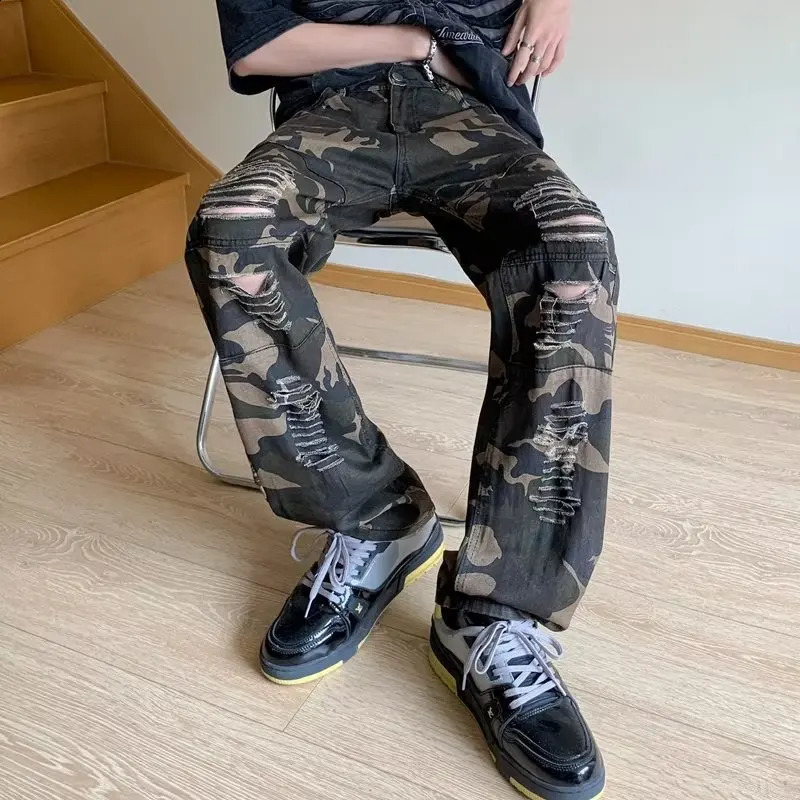 camouflage bag wide leg torn cargo Y2K mens clothing straight hip-hop pants Pantalon Homme 250317