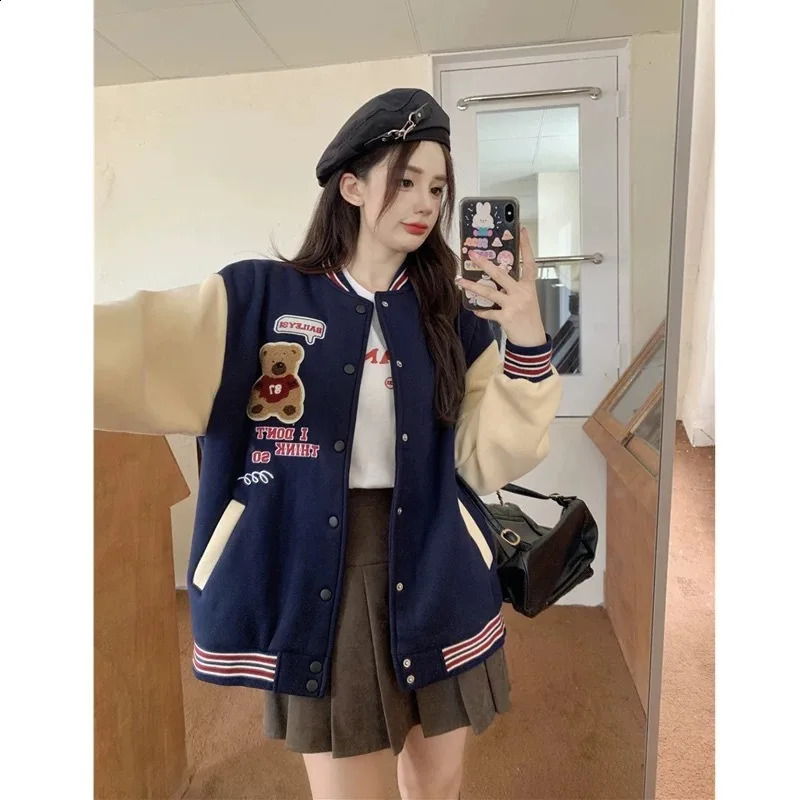 Autumn and Winter Paddle Leaf Thick Baseball Jacket Womens Bear Loose Couple 250317