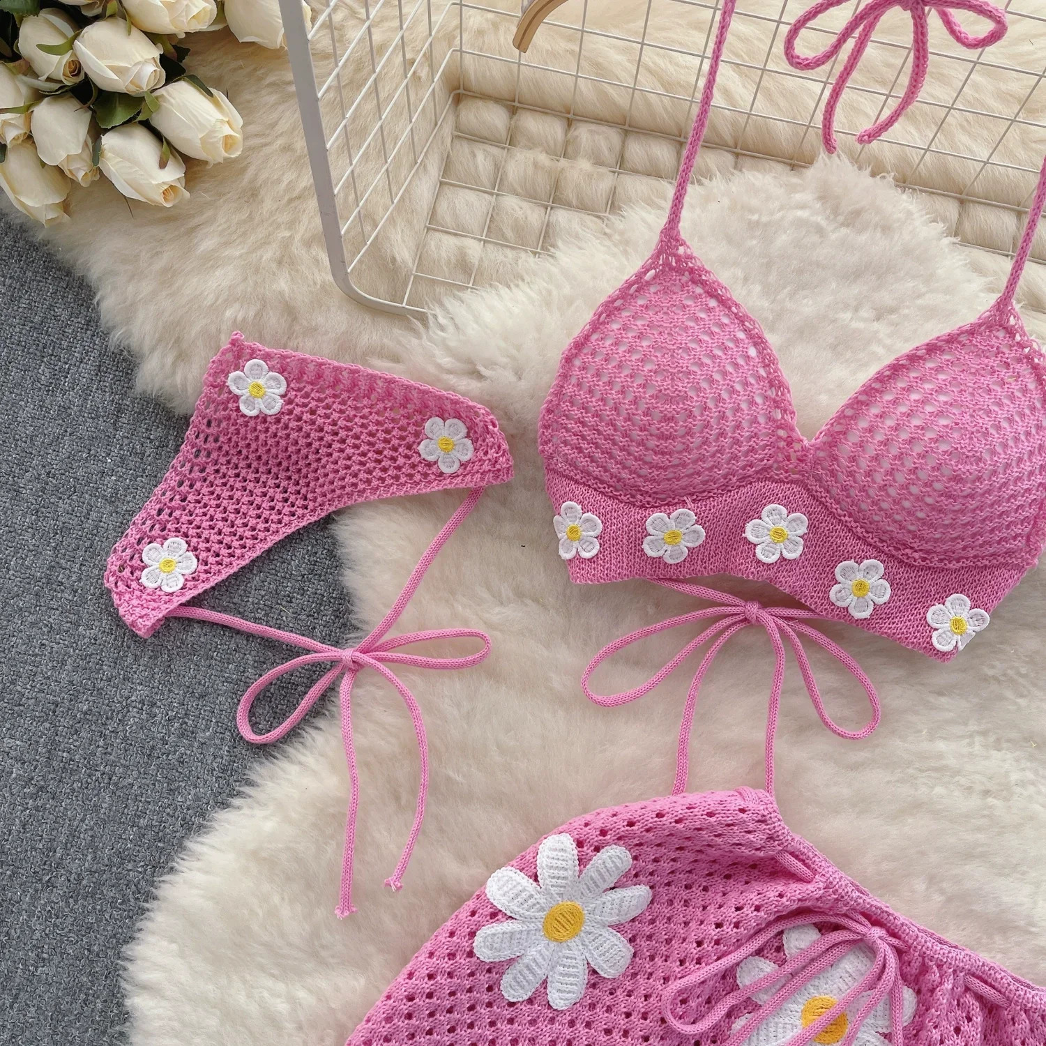 Summer Hollow Knitted Set Womens Strap Lace Bow WaistDrawstring Split Mini Skirt Two Piece 250318