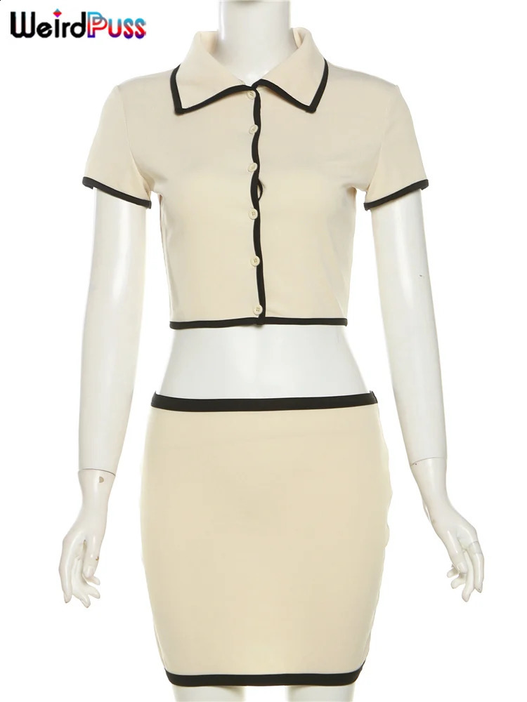 Weird Cat Rib Womens 2piece Polo Neck Button Short TopMini Skirt Matching Elastic Elegant Street Dress Set 250318