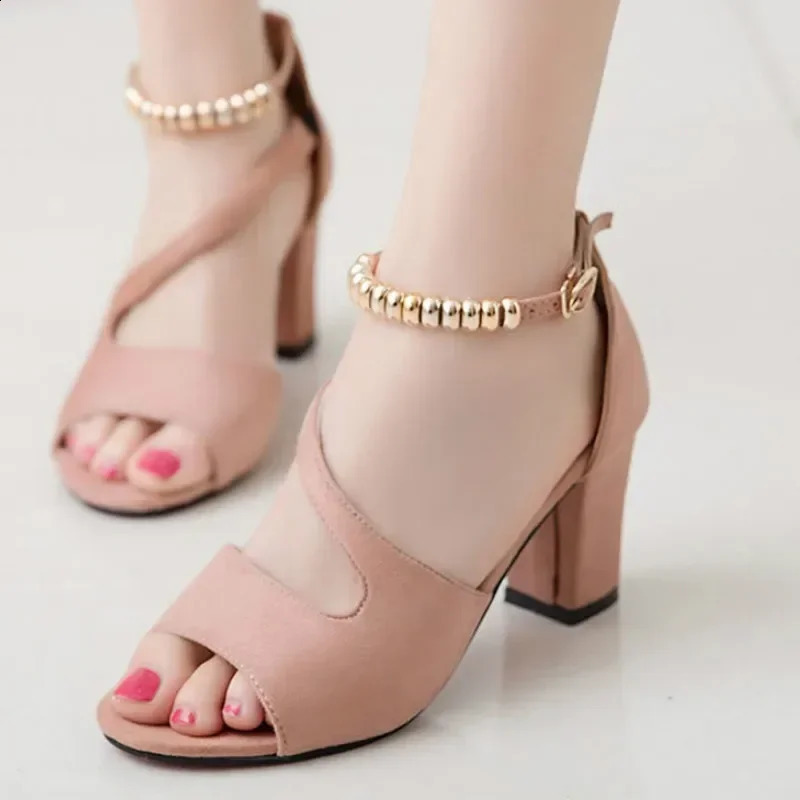 2024 Spring Summer Sexy Fish Mouth Hollow Roman Sandals Thick With Word With Beaded High Heels Female Summer Sexy Female Sandals 250317