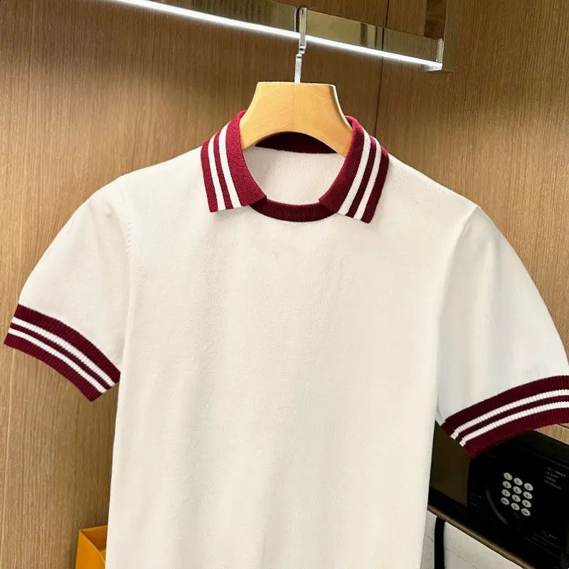 Summer Knitted Mens Polo Shirt Short Sleeve Collar T-shirt Splicing Work Color Fashionable Casual Top Slim Style 250317