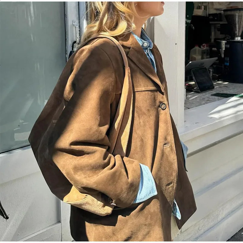 Retro brown jacket womens suede leather autumn fashion single chest lapel loose Coats Street Office 250319