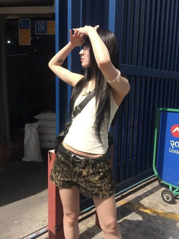 HOUZHOU Sexy Leopard Printed Denim Shorts Women Vintage Y2k Low Waist Gyaru Streetwear Summer Chic Female Retro Short Jeans 250319