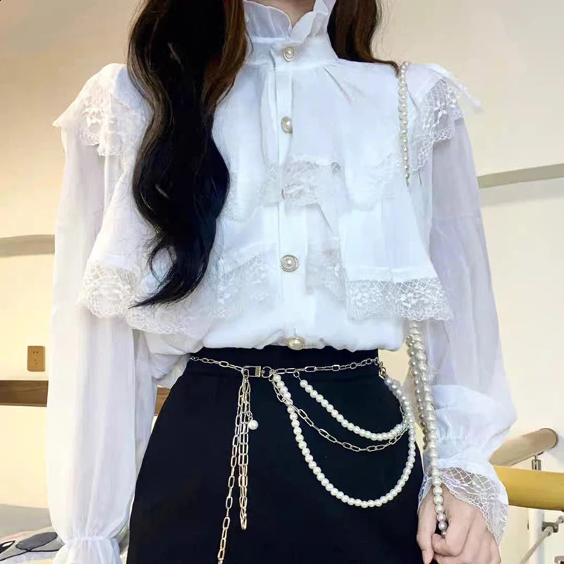 Vintage French Women Shirts Lace Lolita Elegant Long Sleeve Flounce Blouse High Quality Office Lady Fashion Chic Female Tops 250319