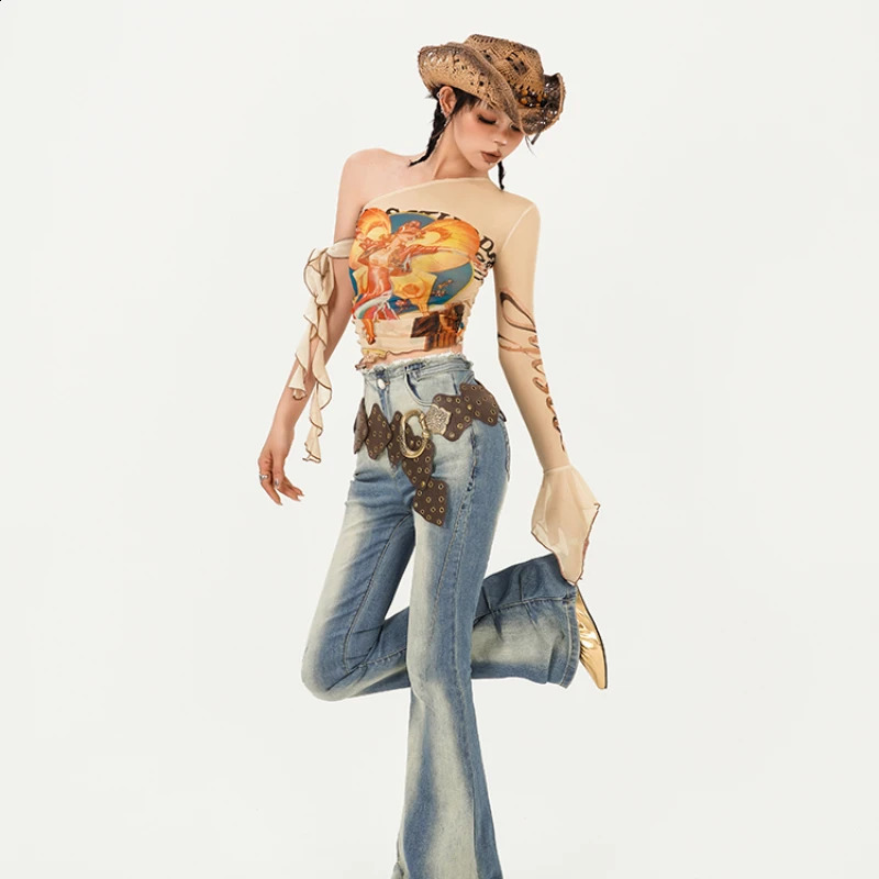 Fungus Women T-shirts Y2k One Shoulder Slim Summer Spicy Girls High Street Flare Sleeve Clothing American Style 250318