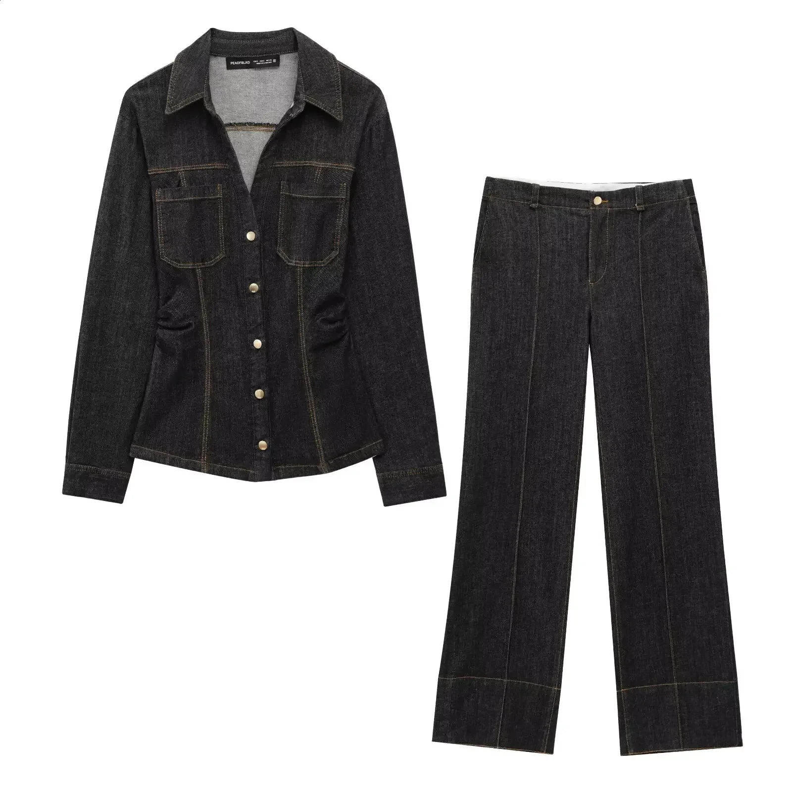 Trafshe denim womens twopiece jacketwide leg pants set elegant Trouser 2300576 250319