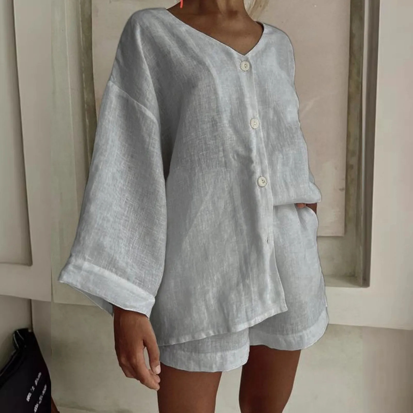 Spring/Summer Womens Holiday Shorts Set Womens Casual 2-piece Set Cotton Linen Brushed Elastic Waist Shorts 250318