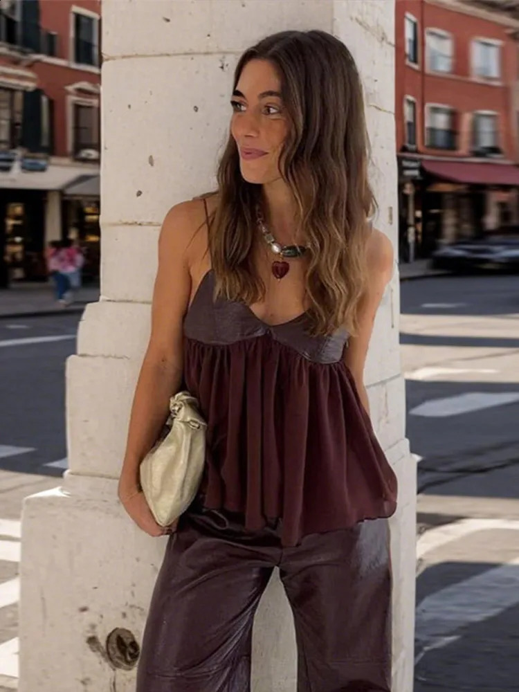 PU Patchwork Vest Womens Sling V-Neck Pleated Sleeveless Leather Tank 2025 Spring Summer Loose Suspender Waistcoat Lady Clothes 250319
