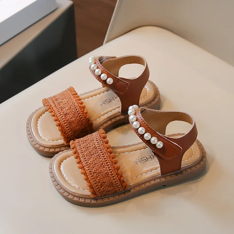 Unishuni Girls Sandals Princess OneStrap Summer Shoes Child Soft SkinFriendly Cloth Sandal Kids Lace Pearl Bohemia Beach Flats 250312