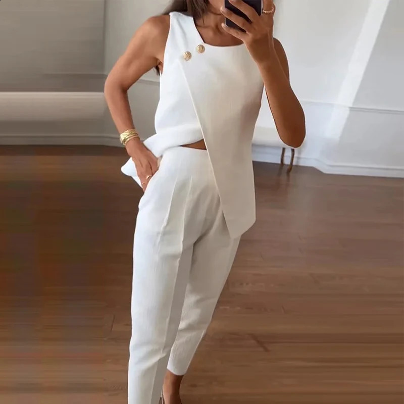LIYONG Women Two Piece Set Summer Casual Solid Sleeveless Round Neck Button Irregular Top With Pocket Pencil Pants Sets 250319