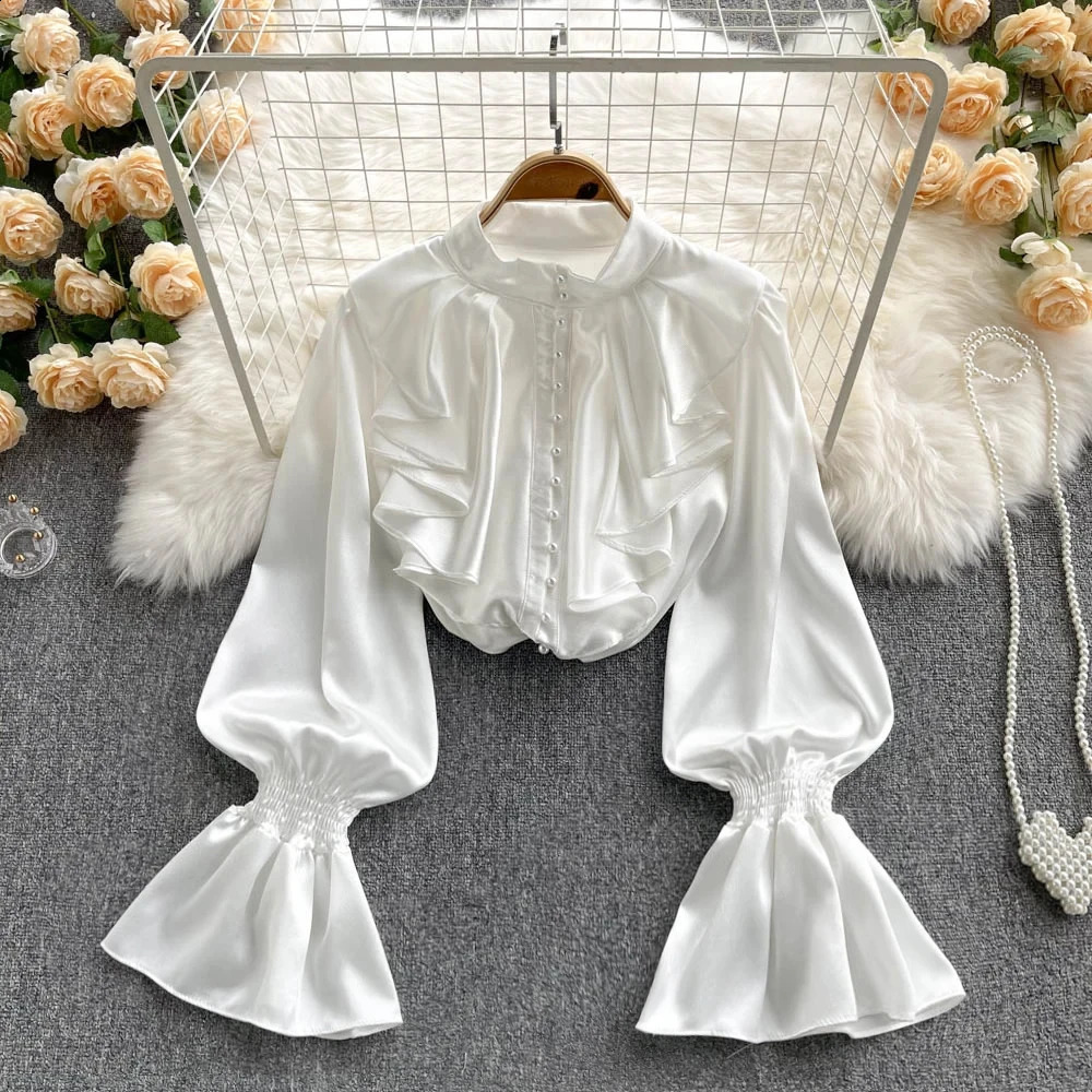 High quality satin loose fitting shirt with long sleeves pleated edges Oneck beaded beads elegant office womens casual Gothic style 250319