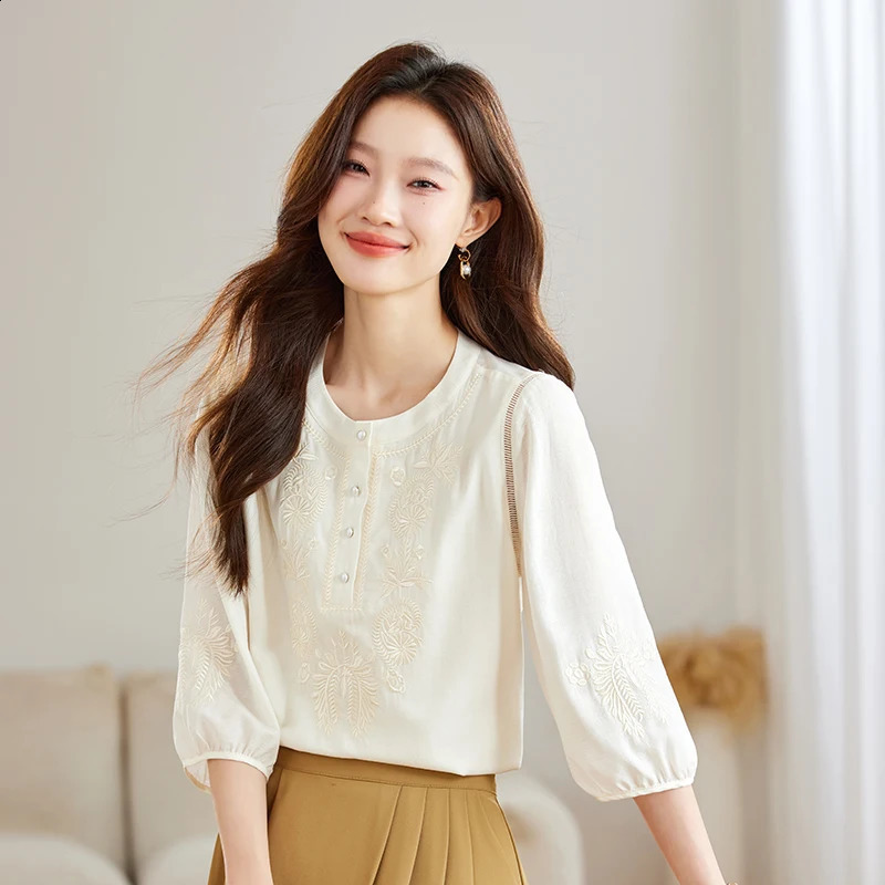 Spring 2025 Oneck womens shirt Chinese style embroidered chiffon top Camisas De Mujer Blusas Para N395 250312
