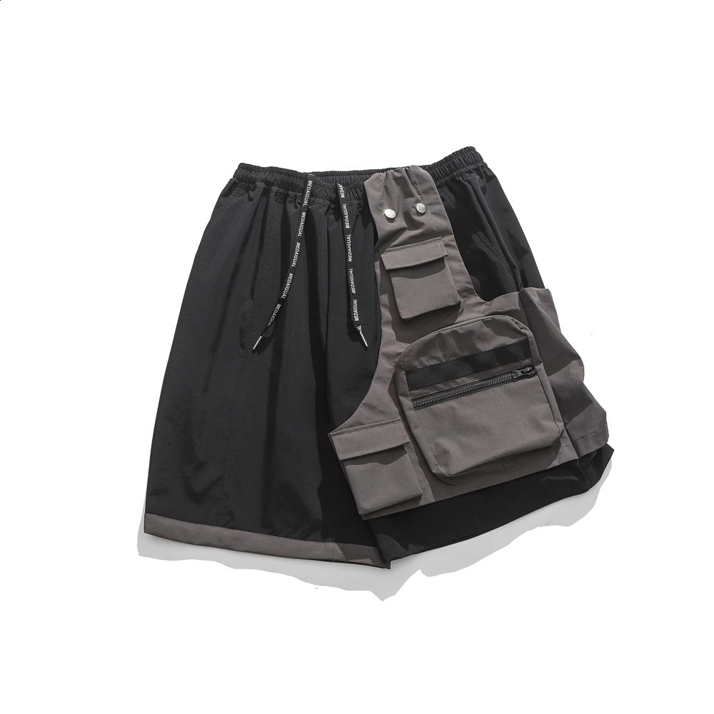 Korean Hip Hop Two Pieces Patchwork Waterproof Cargo Shorts Men Clothing Streetwear Skateboard Shorts Kpop Pants 250317