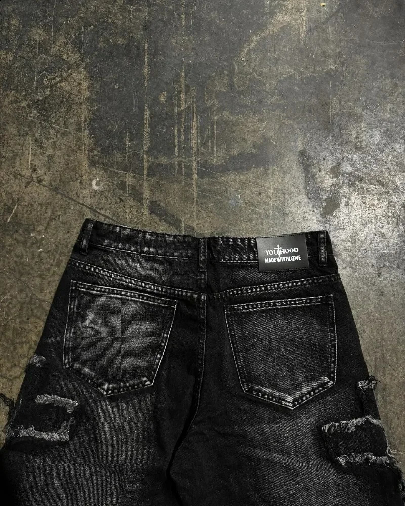 Y2K Trend Harajuku Gothic Hip Hop Retro Burr Cross Embryo Black Pocket High Waist Denim Shorts Mens and Womens Jeans 250317
