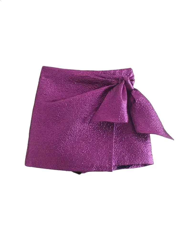 TRZA Women Fashion With Bow Tied Textured Shorts Skirts Vintage High Waist Side Zipper Female Skort Mujer 250319