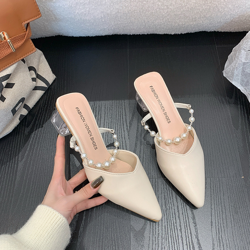 High heels, single shoes, pearl toe sandals, summer thick heels, straight strap slippers, women's outerwear, pointed half drag 2025